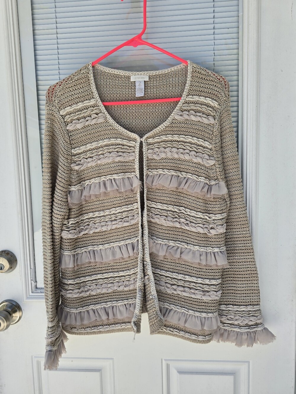 Chico's Neutral Beige Ruffle-Trim Open Cardigan - Picture 2 of 5